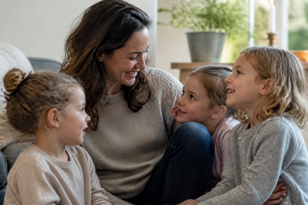 Enfants recitant des comptines souriant autour de maman