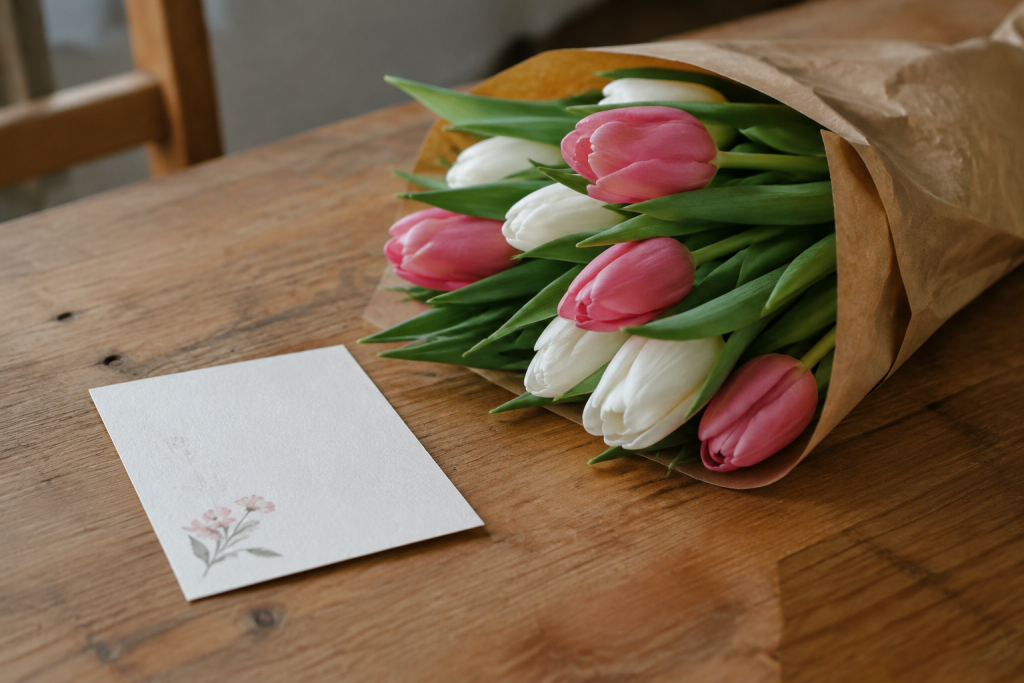 Carte manuscrite posee pres d'un bouquet de tulipes