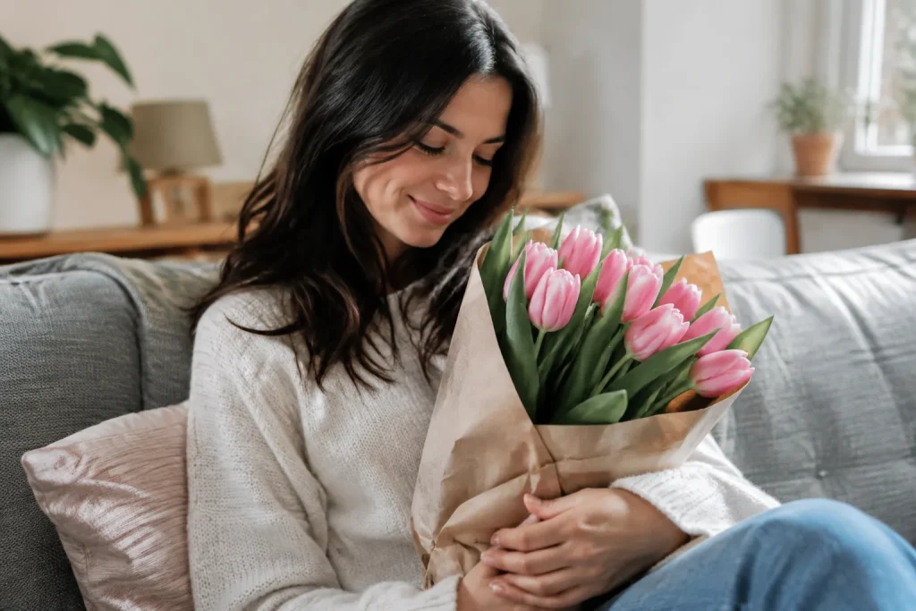 Une femme assise tient un bouquet de tulipes roses