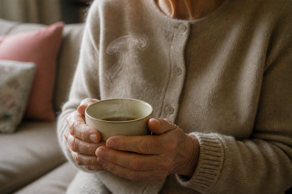 Mains de mere tenant une tasse de the fumant