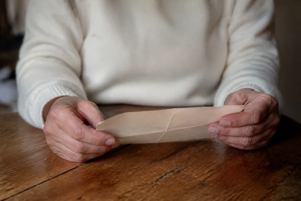 Mains ridees tenant une lettre manuscrite sur table