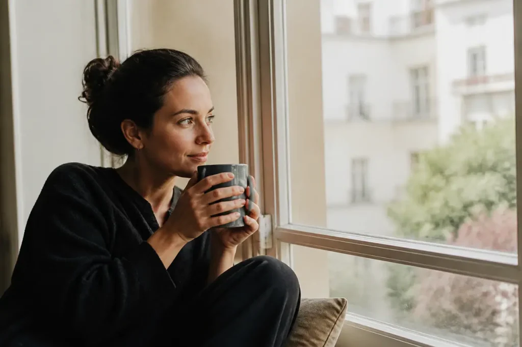 Femme assise pres de la fenetre tenant une tasse